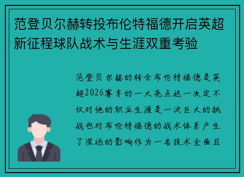 范登贝尔赫转投布伦特福德开启英超新征程球队战术与生涯双重考验